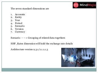 The seven standard dimensions are
1. Accounts
2. Entity
3. Year
4. Period
5. Scenario
6. Version
7. Currency
Scenario – – > Grouping of related data togethers
HSP_Rates dimension will hold the exchange rate details
Architecture version 9.3.1/1.1.1.1.3
 