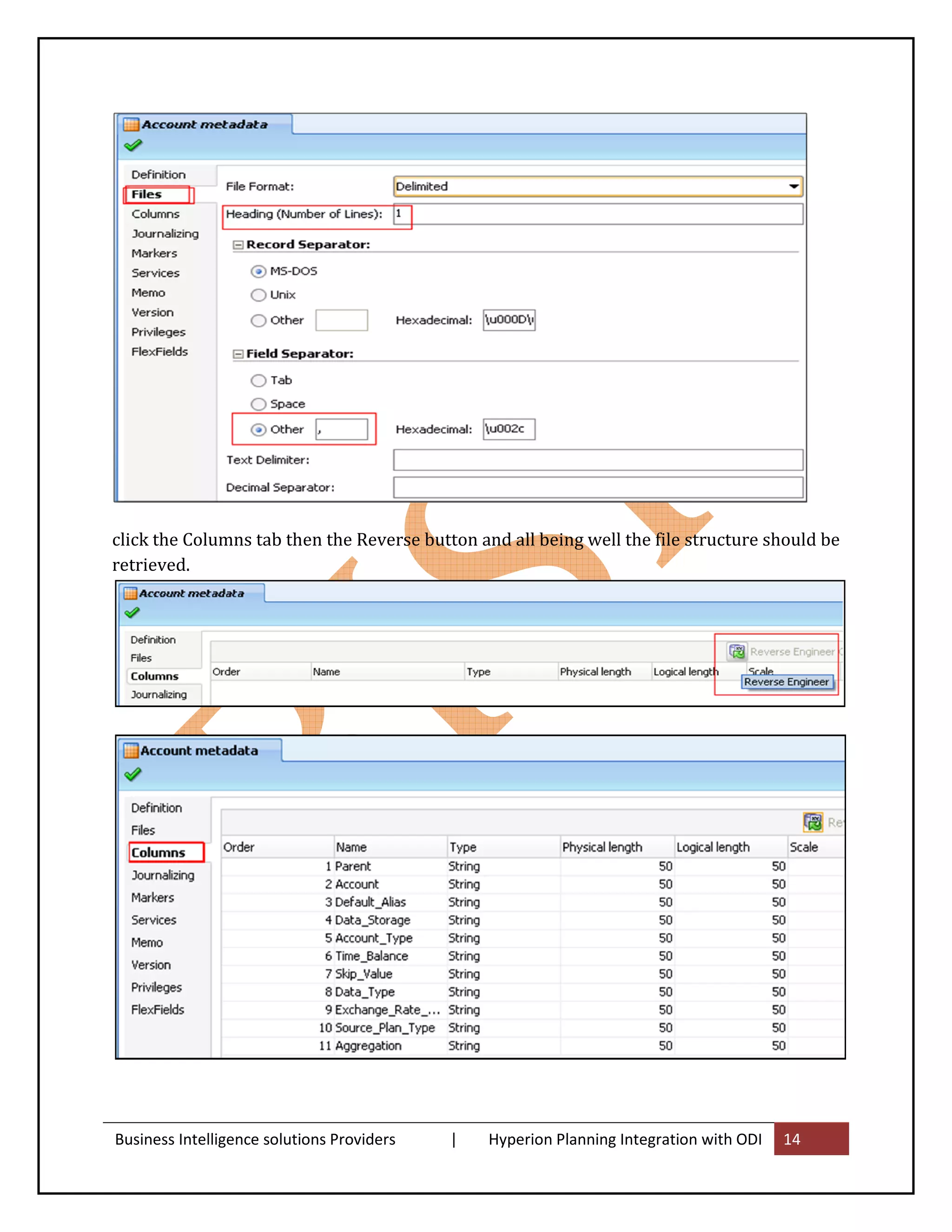 click the Columns tab then the Reverse button and all being well the file structure should be
retrieved.




Business Intelligence solutions Providers   |   Hyperion Planning Integration with ODI   14
 