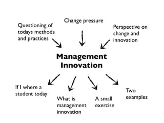Change pressure
Questioning of                       Perspective on
todays methods                       change and
and practices                        innovation

                 Management
                  Innovation

If I where a
                                          Two
student today
                 What is      A small     examples
                 management   exercise
                 innovation
 
