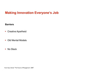 Making Innovation Everyone‘s Job


Barriers


 Creative Apartheid


 Old Mental Models


 No Slack




from Gary Hamel ”The Future of Management”, 2007
 