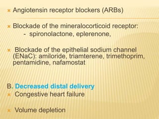  Angiotensin receptor blockers (ARBs)
 Blockade of the mineralocorticoid receptor:
- spironolactone, eplerenone,
 Blockade of the epithelial sodium channel
(ENaC): amiloride, triamterene, trimethoprim,
pentamidine, nafamostat
B. Decreased distal delivery
 Congestive heart failure
 Volume depletion
 