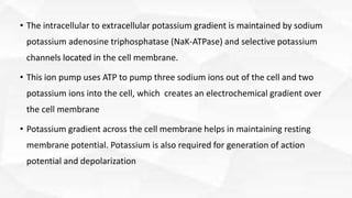 • The intracellular to extracellular potassium gradient is maintained by sodium
potassium adenosine triphosphatase (NaK-ATPase) and selective potassium
channels located in the cell membrane.
• This ion pump uses ATP to pump three sodium ions out of the cell and two
potassium ions into the cell, which creates an electrochemical gradient over
the cell membrane
• Potassium gradient across the cell membrane helps in maintaining resting
membrane potential. Potassium is also required for generation of action
potential and depolarization
 