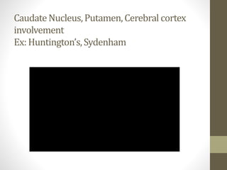CaudateNucleus,Putamen, Cerebral cortex
involvement
Ex: Huntington’s,Sydenham
 