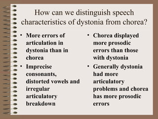 How can we distinguish speech
characteristics of dystonia from chorea?
• More errors of 
articulation in 
dystonia than in 
chorea 
• Imprecise 
consonants, 
distorted vowels and 
irregular 
articulatory 
breakdown
• Chorea displayed 
more prosodic 
errors than those 
with dystonia
• Generally dystonia 
had more 
articulatory 
problems and chorea 
has more prosodic 
errors 
 