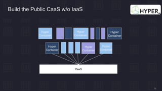 10
Build the Public CaaS w/o IaaS
CaaS
Hyper
Container
Hyper
Container
Hyper
Container
Hyper
Container
Hyper
Container
Hyper
Container
 