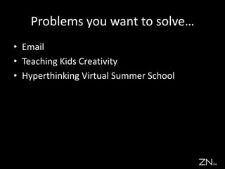 Problems you want to solve…
• Email
• Teaching Kids Creativity
• Hyperthinking Virtual Summer School
 