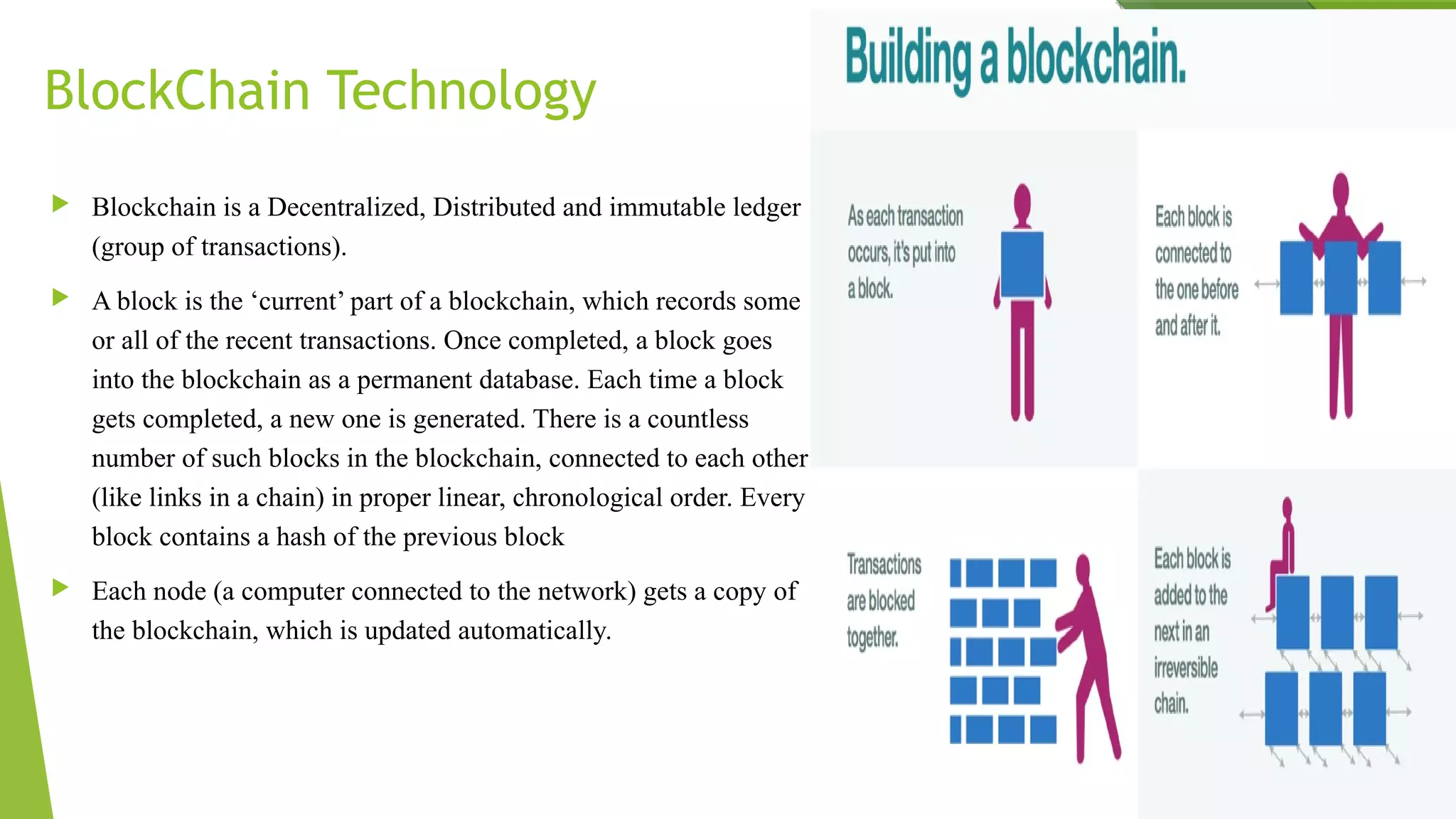 BlockChain Technology
 Blockchain is a Decentralized, Distributed and immutable ledger
(group of transactions).
 A block is the ‘current’ part of a blockchain, which records some
or all of the recent transactions. Once completed, a block goes
into the blockchain as a permanent database. Each time a block
gets completed, a new one is generated. There is a countless
number of such blocks in the blockchain, connected to each other
(like links in a chain) in proper linear, chronological order. Every
block contains a hash of the previous block
 Each node (a computer connected to the network) gets a copy of
the blockchain, which is updated automatically.
 