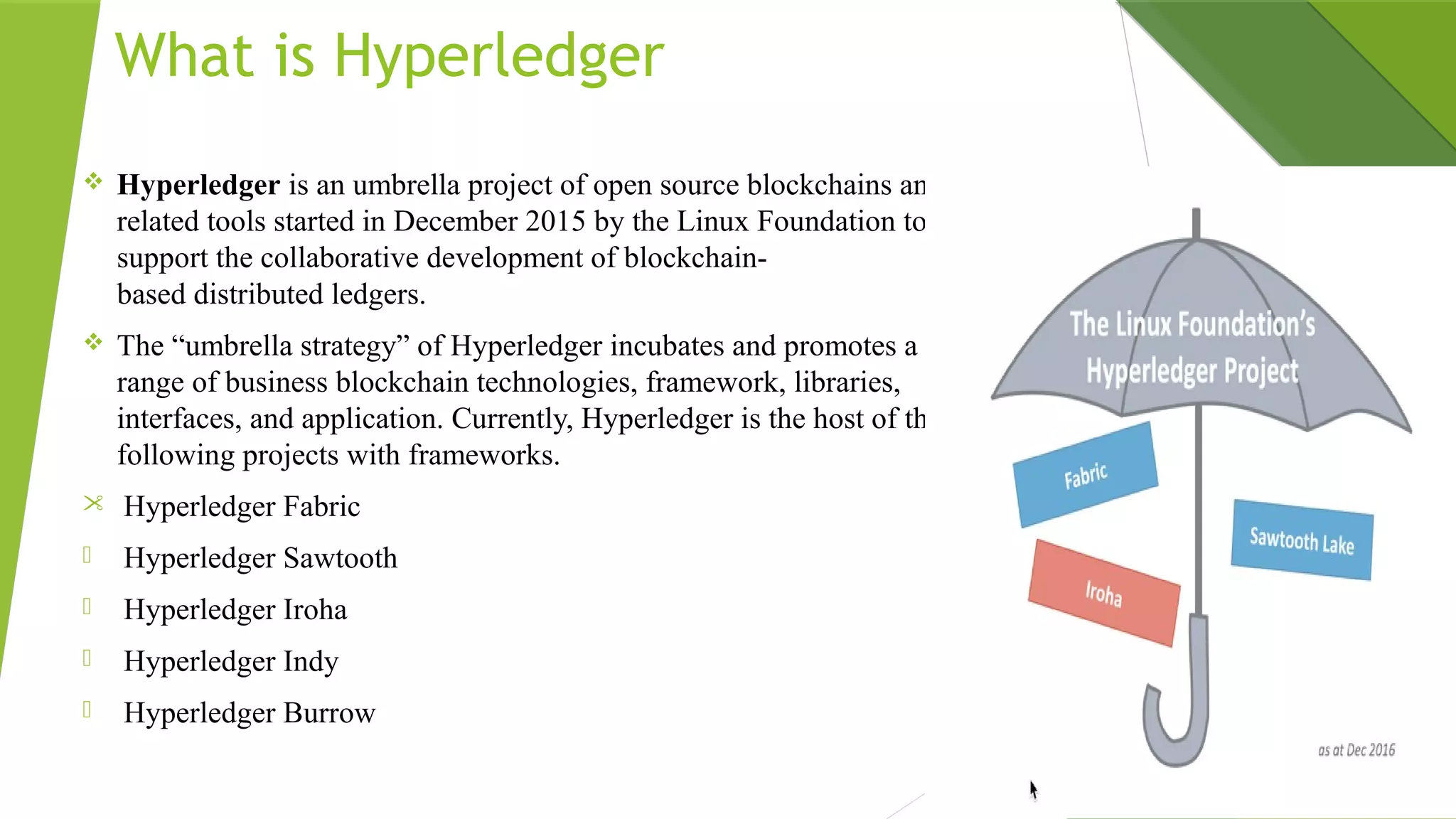What is Hyperledger   
 Hyperledger is an umbrella project of open source blockchains and
related tools started in December 2015 by the Linux Foundation to
support the collaborative development of blockchain-
based distributed ledgers.
 The “umbrella strategy” of Hyperledger incubates and promotes a
range of business blockchain technologies, framework, libraries,
interfaces, and application. Currently, Hyperledger is the host of the
following projects with frameworks.
 Hyperledger Fabric
 Hyperledger Sawtooth
 Hyperledger Iroha
 Hyperledger Indy
 Hyperledger Burrow
 
