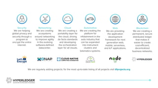 Security
We are helping
global privacy and
security through a
program to
encrypt the entire
internet.
Networking
We are creating
ecosystems
around networking
to improve agility
in the evolving
software-defined
datacenter.
Cloud
We are creating a
portability layer for
the cloud, driving
de facto standards
and developing
the orchestration
layer for all clouds.
Automotive
We are creating the
platform for
infotainment in the
auto industry that
can be expanded
into instrument
clusters and
telematics systems.
Blockchain
We are creating a
permanent, secure
distributed ledger
that makes it
easier to create
cost-efficient,
decentralized
business networks.
Web
We are providing
the application
development
framework for next
generation web,
mobile, serverless,
and IoT applications.
We are regularly adding projects; for the most up-to-date listing of all projects visit tlfprojects.org
 