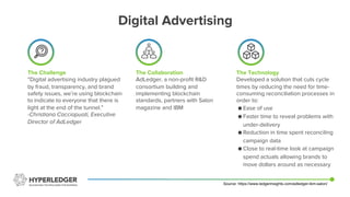 Digital Advertising
The Challenge
“Digital advertising industry plagued
by fraud, transparency, and brand
safety issues, we’re using blockchain
to indicate to everyone that there is
light at the end of the tunnel.”
-Christiana Cacciapuoti, Executive
Director of AdLedger
The Collaboration
AdLedger, a non-profit R&D
consortium building and
implementing blockchain
standards, partners with Salon
magazine and IBM
The Technology
Developed a solution that cuts cycle
times by reducing the need for time-
consuming reconciliation processes in
order to:
● Ease of use
● Faster time to reveal problems with
under-delivery
● Reduction in time spent reconciling
campaign data
● Close to real-time look at campaign
spend actuals allowing brands to
move dollars around as necessary
Source: https://www.ledgerinsights.com/adledger-ibm-salon/
 