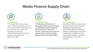 Media Finance Supply Chain
The Challenge
“The digital advertising supply
chain is notoriously broken. Dimes
on the dollar that are lost today can
be traced back to issues with
transparency and trust,”
-Chad Andrews, Global Solutions
Leader, Advertising and
Blockchain, IBM
The Collaboration
The Mediaocean Blockchain –
financial transparency from budget
to settlement of each media buy.
Allows brands to “follow the
money,” to see how much spend is
going towards “working media.”
Mediaocean partnered with IBM.
The Technology
Cloud-based service that builds on
top of key open-source tools for
developing, operating and
governing enterprise blockchain
solutions. Designed to simplify the
media finance supply chain by
connecting marketers, agencies
and suppliers on the same
network.
Source: IBM Blockchain Masterclass: Restoring trust and transparency in digital media
 
