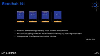 4
• Distributed ledger technology underlying bitcoin and other cryptocurrencies.
• Mechanism for updating truth states in distributed network computing producing consensus trust
• Serving as a new form of general computational substrate.
Melanie Swan
Blockchain 101
 