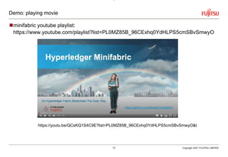 Demo: playing movie
minifabric youtube playlist:
https://www.youtube.com/playlist?list=PL0MZ85B_96CExhq0YdHLPS5cmSBvSmwyO
Copyright 2021 FUJITSU LIMITED
https://youtu.be/QCsKQ1S4C9E?list=PL0MZ85B_96CExhq0YdHLPS5cmSBvSmwyO&t
17
 