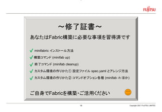 Copyright 2021 FUJITSU LIMITED
～修了証書～
あなたはFabric構築に必要な事項を習得済です
minifabric インストール方法
構築コマンド (minifab up)
終了コマンド (minifab cleanup)
カスタム環境の作りかた① 設定ファイル spec.yaml とアレンジ方法
カスタム環境の作りかた② コマンドオプション各種 (minifab -h ほか)
ご自身でFabricを構築・ご活用ください
18
 