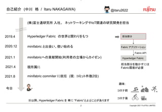 自己紹介 (中川 格 / Itaru NAKAGAWA)
現所属に
Copyright 2021 FUJITSU LIMITED
2019.4
2020.12
Hyperledger Fabric の世界と関わりをもつ
minifabric と出会い、使い始める
2021.1
2021.4
minifabricへの貢献開始(利用者の立場からカイゼン)
(株)富士通研究所 入社。 ネットワーキングやIoT関連の研究開発を担当
今日
趣味：
コロナ前
コロナ後
minifabric commiter に就任 (現： コミット件数2位)
2021.8
担当部分
Fabric アプリケーション
Hyperledger Fabric
Fabric API
担当部分を動かすには
Fabric環境が必要
※以降、Hyperledger Fabric を 単に “Fabric”とよぶことがあります
@itaru2622
2
 