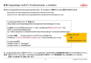 参考) Hyperledger 公式サンプルのchaincode x minifabric
 fabric-samplesのchaincode asset-transfer-basic を minifabric で構築する Fabric環境で利用する方法
 https://github.com/hyperledger/fabric-samples/tree/main/asset-transfer-basic
 version v2.3.0 at https://github.com/hyperledger/fabric-samples/archive/refs/tags/v2.3.0.zip
Copyright 2021 FUJITSU LIMITED
1) chaincode をダウンロード・解凍する。
https://github.com/hyperledger/fabric-samples/archive/refs/tags/v2.3.0.zip
2) 解凍したフォルダ内のchaincode ソースを、minifabricの予約フォルダにコピーする
mkdir -p vars/chaincide/basic/go
cp -r fabric-samples-2.3.0/asset-transfer-basic/chaincode-go/* vars/chaincide/basic/go/
3) Fabric 構築 ※ spec.yamlファイルはデフォルトのままでok
minifab up -i 2.3.0 -c mychannel -n basic -l go -o org1.example.com -e true
4) chaincode実行
minifab invoke -p ‘”InitLedger”’
minifab invoke -p ‘”GetAllAssets”’
※ asset-transfer-basic の添付アプリケーション(application-*)をそのまま上記構築環境で動かすことはできませんでした。
原因： 添付アプリケーションのソースが fabric-sample添付の専用ツールで環境構築することを前提にしているため。
各種パスを変更すれば動くと思います。
Fabric ver 2.3.0
公式のchaincodeサンプル
24
 