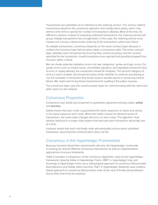 6		
Transactions are submitted via an interface to the ordering service. This service collects
transactions based on the consensus algorithm and configuration policy, which may
define a time limit or specify the number of transactions allowed. Most of the time, for
efficiency reasons, instead of outputting individual transactions, the ordering service will
group multiple transactions into a single block. In this case, the ordering service must
impose and convey a deterministic ordering of the transactions within each block.
To validate transactions, consensus depends on the smart contract layer because it
contains the business logic behind what makes a transaction valid. The smart contract
layer validates each transaction by ensuring they conform to policy and the contract
specified for the transaction. Invalid transactions are rejected and possibly dropped from
inclusion within a block.
We can divide potential validation errors into two categories: syntax and logic errors. For
syntax errors such as invalid inputs, unverifiable signature, and repeated transaction (due
to error or replay attacks), the transaction should be dropped. The second category of
errors is more complex and should be policy driven whether to continue processing or
not. For example, a transaction that would result in double-spend or versioning control
failure. We might want to log these transactions for auditing if the policy requires.
The consensus layer uses the communication layer for communicating with the client and
other peers on the network.
Consensus Properties
Consensus must satisfy two properties to guarantee agreement among nodes: safety
and liveness.
Safety means that each node is guaranteed the same sequence of inputs and results
in the same output on each node. When the nodes receive an identical series of
transactions, the same state changes will occur on each node. The algorithm must
behave identical to a single node system that executes each transaction atomically one
at a time.
Liveness means that each non-faulty node will eventually receive every submitted
transaction, assuming that communication does not fail.
Consensus in the Hyperledger Frameworks
Because business blockchain requirements will vary, the Hyperledger community
is working on several different consensus mechanisms as well as implementation
approaches to ensure modularity.
Table 2 provides a comparison of the consensus algorithms used across Hyperledger
frameworks. Apache Kafka in Hyperledger Fabric, RBFT in Hyperledger Indy, and
Sumeragi in Hyperledger Iroha use a voting-based approach to consensus that provides
fault tolerance and finality within seconds. PoET in Hyperledger Sawtooth uses a lottery-
based approach to consensus that provides scale at the cost of finality being delayed
due to forks that must be resolved.
 