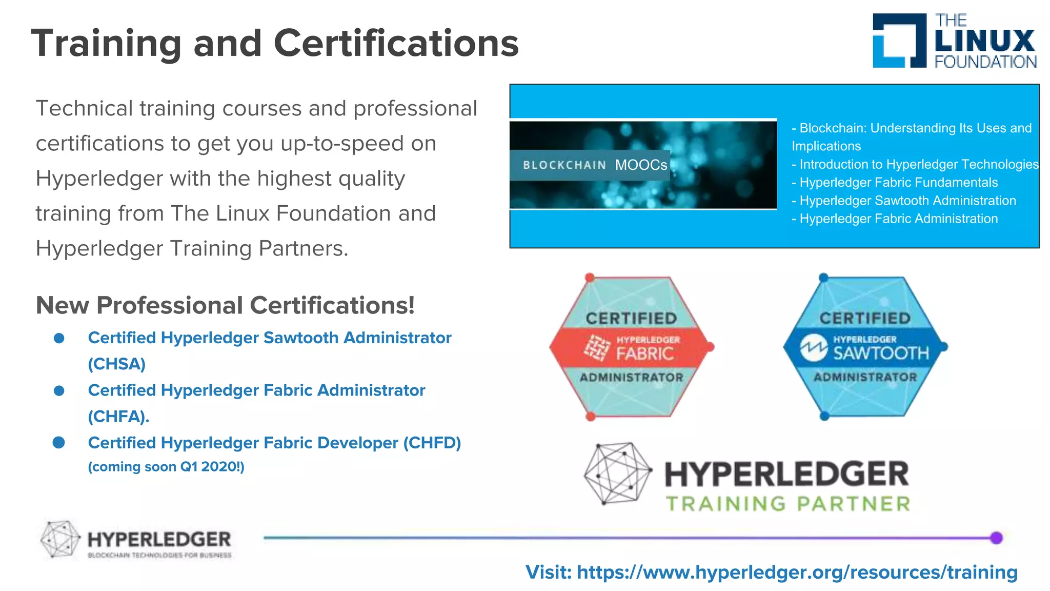 Training and Certifications
Visit: https://www.hyperledger.org/resources/training
Technical training courses and professional
certifications to get you up-to-speed on
Hyperledger with the highest quality
training from The Linux Foundation and
Hyperledger Training Partners.
New Professional Certifications!
● Certified Hyperledger Sawtooth Administrator
(CHSA)
● Certified Hyperledger Fabric Administrator
(CHFA).
● Certified Hyperledger Fabric Developer (CHFD)
(coming soon Q1 2020!)
MOOCs
- Blockchain: Understanding Its Uses and
Implications
- Introduction to Hyperledger Technologies
- Hyperledger Fabric Fundamentals
- Hyperledger Sawtooth Administration
- Hyperledger Fabric Administration
 