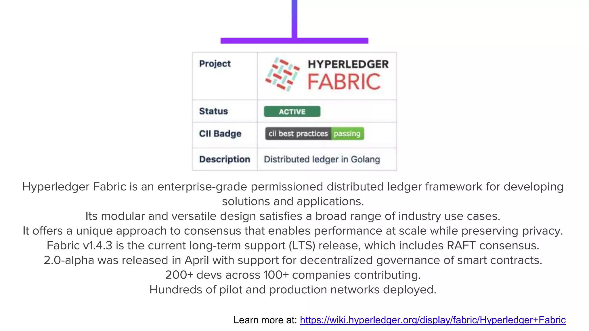 Hyperledger Fabric is an enterprise-grade permissioned distributed ledger framework for developing
solutions and applications.
Its modular and versatile design satisfies a broad range of industry use cases.
It offers a unique approach to consensus that enables performance at scale while preserving privacy.
Fabric v1.4.3 is the current long-term support (LTS) release, which includes RAFT consensus.
2.0-alpha was released in April with support for decentralized governance of smart contracts.
200+ devs across 100+ companies contributing.
Hundreds of pilot and production networks deployed.
Learn more at: https://wiki.hyperledger.org/display/fabric/Hyperledger+Fabric
 
