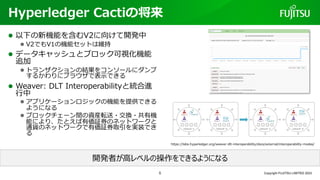 Hyperledger Cactiの将来
l 以下の新機能を含むV2に向けて開発中
l V2でもV1の機能セットは維持
l データキャッシュとブロック可視化機能
追加
l トランザクションの結果をコンソールにダンプ
するかわりにブラウザで表⽰できる
l Weaver: DLT Interoperabilityと統合進
⾏中
l アプリケーションロジックの機能を提供できる
ようになる
l ブロックチェーン間の資産転送・交換・共有機
能により、たとえば有価証券のネットワークと
通貨のネットワークで有価証券取引を実装でき
る
Copyright FUJITSU LIMITED 2023
開発者が⾼レベルの操作をできるようになる
https://labs.hyperledger.org/weaver-dlt-interoperability/docs/external/interoperability-modes/
5
 
