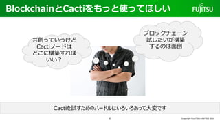 BlockchainとCactiをもっと使ってほしい
Copyright FUJITSU LIMITED 2023
共創っていうけど
Cactiノードは
どこに構築すれば
いい︖
ブロックチェーン
試したいが構築
するのは⾯倒
Cactiを試すためのハードルはいろいろあって⼤変です
6
 