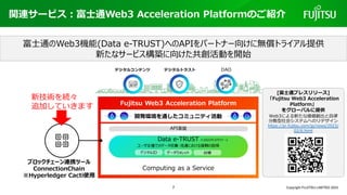 関連サービス︓富⼠通Web3 Acceleration Platformのご紹介
Copyright FUJITSU LIMITED 2023
[富⼠通プレスリリース]
「Fujitsu Web3 Acceleration
Platform」
をグローバルに提供
Web3による新たな価値創出と⾃律
分散型社会システムへのリデザイン
https://pr.fujitsu.com/jp/news/2023/
02/6.html
新技術を続々
追加していきます
富⼠通のWeb3機能(Data e-TRUST)へのAPIをパートナー向けに無償トライアル提供
新たなサービス構築に向けた共創活動を開始
ブロックチェーン連携ツール
ConnectionChain
※Hyperledger Cacti使⽤
7
 