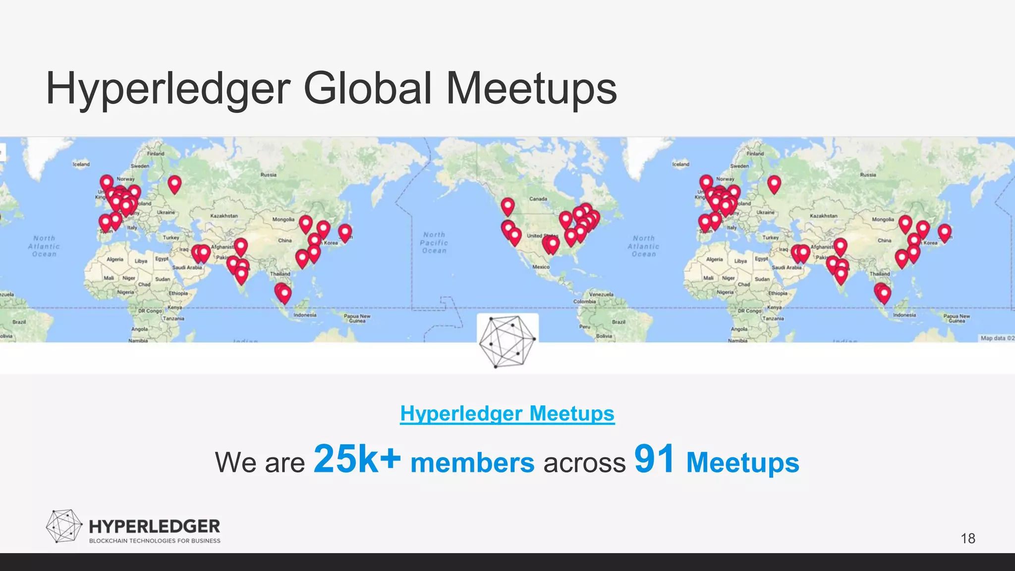 Hyperledger Global Meetups
18
Hyperledger Meetups
We are 25k+ members across 91 Meetups
 