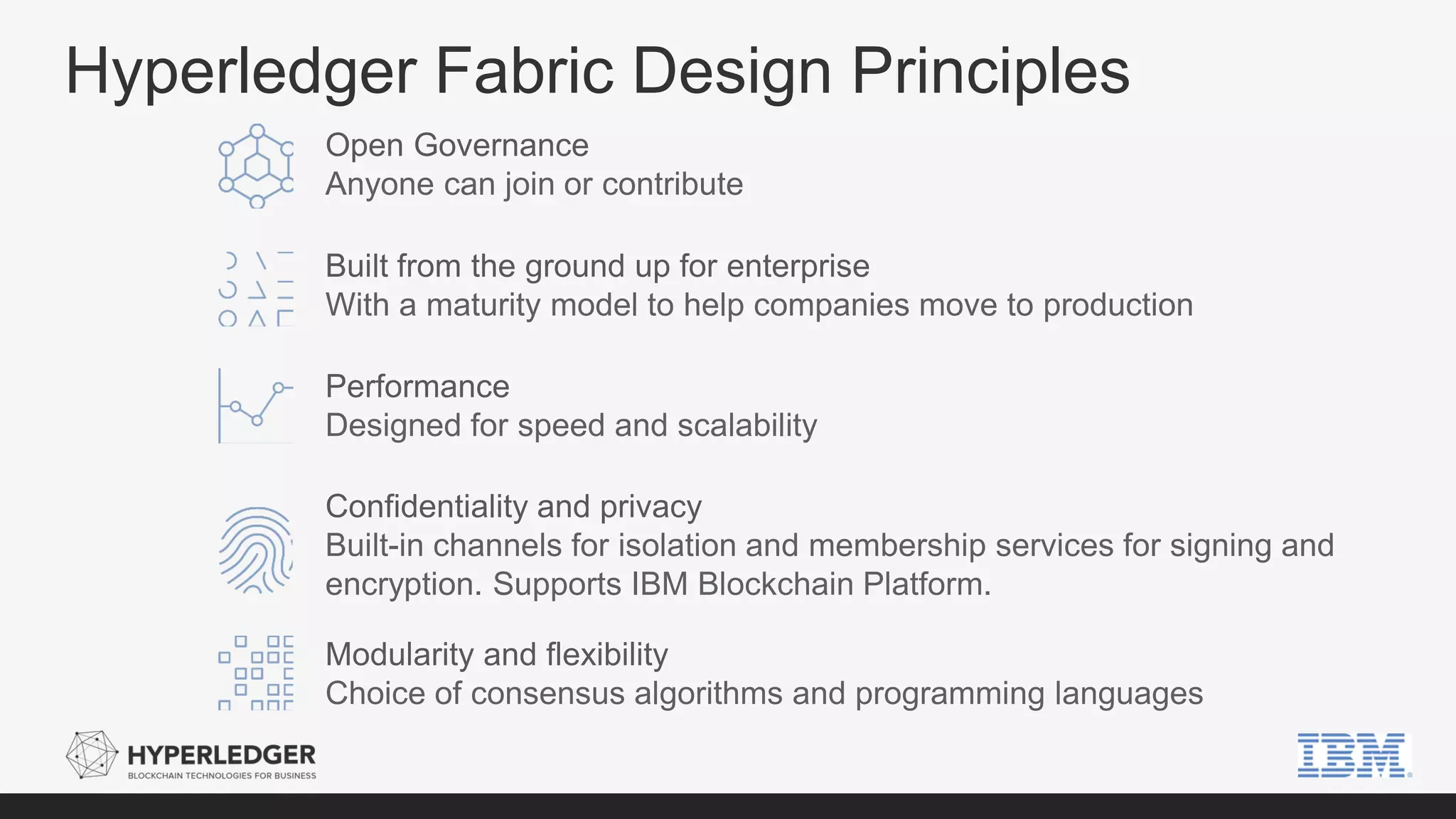 Open Governance
Anyone can join or contribute
Built from the ground up for enterprise
With a maturity model to help companies move to production
Performance
Designed for speed and scalability
Confidentiality and privacy
Built-in channels for isolation and membership services for signing and
encryption. Supports IBM Blockchain Platform.
Modularity and flexibility
Choice of consensus algorithms and programming languages
Hyperledger Fabric Design Principles
 