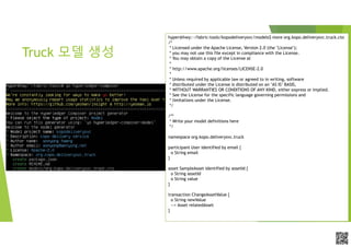 APCPCWM_4828539:WP_0000010WP_0000010APCPCWM_4828539:WP_0000010WP_000001
Truck 모델 생성
hyper@hwy:~/fabric-tools/kopodeliverysvc/models$ more org.kopo.deliverysvc.truck.cto
/*
* Licensed under the Apache License, Version 2.0 (the "License");
* you may not use this file except in compliance with the License.
* You may obtain a copy of the License at
*
* http://www.apache.org/licenses/LICENSE-2.0
*
* Unless required by applicable law or agreed to in writing, software
* distributed under the License is distributed on an "AS IS" BASIS,
* WITHOUT WARRANTIES OR CONDITIONS OF ANY KIND, either express or implied.
* See the License for the specific language governing permissions and
* limitations under the License.
*/
/**
* Write your model definitions here
*/
namespace org.kopo.deliverysvc.truck
participant User identified by email {
o String email
}
asset SampleAsset identified by assetId {
o String assetId
o String value
}
transaction ChangeAssetValue {
o String newValue
--> Asset relatedAsset
}
 