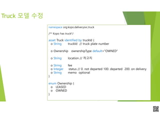 APCPCWM_4828539:WP_0000010WP_0000010APCPCWM_4828539:WP_0000010WP_000001
Truck 모델 수정
namespace org.kopo.deliverysvc.truck
/** Kopo has truck*/
asset Truck identified by truckId {
o String truckId // truck plate number
o Ownership ownershipType default="OWNED"
o String location // 차고지
o String fee
o Integer status // 0. not departed 100. departed 200. on delivery
o String memo optional
}
enum Ownership {
o LEASED
o OWNED
}
 