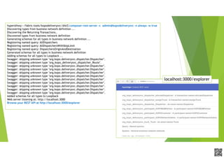 APCPCWM_4828539:WP_0000010WP_0000010APCPCWM_4828539:WP_0000010WP_000001
hyper@hwy:~/fabric-tools/kopodeliverysvc/dist$ composer-rest-server -c admin@kopodeliverysvc -n always -w true
Discovering types from business network definition ...
Discovering the Returning Transactions..
Discovered types from business network definition
Generating schemas for all types in business network definition ...
Registering named query: AllDispatchers
Registering named query: AllDispatchersWithSkipLimit
Registering named query: DispatchersOriginAndDestination
Generated schemas for all types in business network definition
Adding schemas for all types to Loopback ...
Swagger: skipping unknown type "org.kopo.deliverysvc.dispatcher.Dispatcher".
Swagger: skipping unknown type "org_kopo_deliverysvc_dispatcher_Route".
Swagger: skipping unknown type "org.kopo.deliverysvc.dispatcher.Dispatcher".
Swagger: skipping unknown type "org.kopo.deliverysvc.dispatcher.Dispatcher".
Swagger: skipping unknown type "org.kopo.deliverysvc.dispatcher.Dispatcher".
Swagger: skipping unknown type "org.kopo.deliverysvc.dispatcher.Dispatcher".
Swagger: skipping unknown type "org.kopo.deliverysvc.dispatcher.Dispatcher".
Swagger: skipping unknown type "org.kopo.deliverysvc.dispatcher.Dispatcher".
Swagger: skipping unknown type "org.kopo.deliverysvc.dispatcher.Dispatcher".
Swagger: skipping unknown type "org.kopo.deliverysvc.dispatcher.Dispatcher".
Swagger: skipping unknown type "org.kopo.deliverysvc.dispatcher.Dispatcher".
Added schemas for all types to Loopback
Web server listening at: http://localhost:3000
Browse your REST API at http://localhost:3000/explorer
localhost:3000/explorer
 
