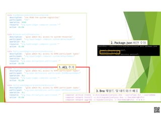 APCPCWM_4828539:WP_0000010WP_0000010APCPCWM_4828539:WP_0000010WP_000001
rule KopoNetworkAdminPermissionSystem {
description: "can READ the system registries"
participant: "ANY"
operation: READ
resource: "org.hyperledger.composer.system.**"
action: ALLOW
}
rule NetworkControlPermission {
description: "give admin ALL access to system resources"
participant: "org.hyperledger.composer.system.NetworkAdmin"
operation: ALL
resource: "org.hyperledger.composer.system.*"
action: ALLOW
}
rule ParticipantRegistryControlPermission {
description: "give admin ALL access to KOPO participant types"
participant: "org.hyperledger.composer.system.NetworkAdmin"
operation: ALL
resource: "org.kopo.deliverysvc.participant.*"
action: ALLOW
}
rule ParticipantRegistryControlPermission2 {
description: "give admin ALL access to KOPO participant types"
participant: "org.kopo.deliverysvc.participant.KOPONetworkAdmin"
operation: ALL
resource: "org.hyperledger.composer.system.*"
action: ALLOW
}
rule ParticipantRegistryControlPermission3 {
description: "give admin ALL access to KOPO participant types"
participant: "org.kopo.deliverysvc.participant.KOPONetworkAdmin"
operation: ALL
resource: "org.kopo.deliverysvc.participant.*"
action: ALLOW
}
1. ACL 추가
composer archive create -a dist/kopodeliverysvc.bna --sourceType dir --sourceName .
composer network install -a dist/kopodeliverysvc.bna -c PeerAdmin@hlfv1
composer network upgrade -n kopodeliverysvc -c PeerAdmin@hlfv1 -V 0.0.3
2. Package.json 버전 수정
3. Bna 재빌드 및 네트워크 배포
 