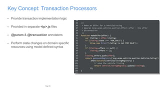 39Page
Key Concept: Transaction Processors
– Provide transaction implementation logic
– Provided in separate <tp>.js files
– @param & @transaction annotators
– Perform state changes on domain specific
resources using model defined syntax
 