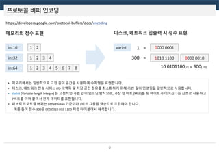 프로토콜 버퍼 인코딩
9
https://developers.google.com/protocol-buffers/docs/encoding
메모리의 정수 표현 디스크, 네트워크 입출력 시 정수 표현
int16
int32
int64
1 2
1 2 3 4
1 2 3 4 5 6 7 8
varint 0000 00011 =
300 = 1010 1100 0000 0010
10 0101100(2) = 300(10)
• 메모리에서는 일반적으로 고정 길이 공간을 사용하여 수치형을 표현합니다.
• 디스크, 네트워크 전송 시에는 I/O 대역폭 및 저장 공간 점유를 최소화하기 위해 가변 길이 인코딩을 일반적으로 사용합니다.
• VarInt (Variable-length Integer) 는 고전적인 가변 길이 인코딩 방식으로, 가장 앞 비트 (MSB)를 뒷 바이트가 이어진다는 신호로 사용하고
7비트를 이어 붙여서 전체 데이터를 표현합니다.
• 패브릭 프로토콜 버퍼는 Little Endian 기준이라 7비트 그룹을 역순으로 조립해야 합니다.
- 예를 들어 정수 300은 000 0010 010 1100 처럼 이어붙여서 해석합니다.
 