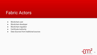 Fabric Actors
● Blockchain user
● Blockchain developer
● Blockchain regulator
● Certificate Authority
● Data Sources from traditional sources
10
 