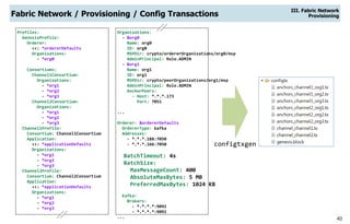 40
Fabric Network / Provisioning / Config Transactions
III. Fabric Network
Provisioning
Profiles:
GenesisProfile:
Orderer:
<<: *ordererDefaults
Organizations:
- *org0
Consortiums:
Channel1Consortium:
Organizations:
- *org1
- *org2
- *org3
Channel2Consortium:
Organizations:
- *org1
- *org2
- *org3
Channel1Profile:
Consortium: Channel1Consortium
Application:
<<: *applicationDefaults
Organizations:
- *org1
- *org2
- *org3
Channel2Profile:
Consortium: Channel2Consortium
Application:
<<: *applicationDefaults
Organizations:
- *org1
- *org2
- *org3
Organizations:
- &org0
Name: org0
ID: org0
MSPDir: crypto/ordererOrganizations/org0/msp
AdminPrincipal: Role.ADMIN
- &org1
Name: org1
ID: org1
MSPDir: crypto/peerOrganizations/org1/msp
AdminPrincipal: Role.ADMIN
AnchorPeers:
- Host: *.*.*.173
Port: 7051
...
Orderer: &ordererDefaults
OrdererType: kafka
Addresses:
- *.*.*.188:7050
- *.*.*.166:7050
BatchTimeout: 4s
BatchSize:
MaxMessageCount: 400
AbsoluteMaxBytes: 5 MB
PreferredMaxBytes: 1024 KB
Kafka:
Brokers:
- *.*.*.*:9092
- *.*.*.*:9092
...
configtxgen
 