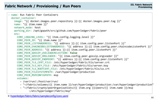 44
- name: Run Fabric Peer Containers
docker_container:
image: "{{ docker.images.peer.repository }}:{{ docker.images.peer.tag }}"
name: "{{ item.name }}"
network_mode: host
working_dir: /opt/gopath/src/github.com/hyperledger/fabric/peer
env:
CORE_LOGGING_LEVEL: "{{ item.config.logging.level }}"
CORE_PEER_ID: "{{ item.name }}"
CORE_PEER_LISTENADDRESS: "{{ address }}:{{ item.config.peer.listenPort }}"
CORE_PEER_CHAINCODELISTENADDRESS: "{{ address }}:{{ item.config.peer.chaincodeListenPort }}"
CORE_PEER_ADDRESS: "{{ address }}:{{ item.config.peer.listenPort }}"
CORE_PEER_GOSSIP_USELEADERELECTION: false
CORE_PEER_GOSSIP_ORGLEADER: "{{ item.config.peer.gossip.orgLeader }}"
CORE_PEER_GOSSIP_ENDPOINT: "{{ address }}:{{ item.config.peer.listenPort }}"
CORE_PEER_TLS_CERT_FILE: /etc/hyperledger/fabric/tls/server.crt
CORE_PEER_TLS_KEY_FILE: /etc/hyperledger/fabric/tls/server.key
CORE_PEER_TLS_ROOTCERT_FILE: /etc/hyperledger/fabric/tls/ca.crt
CORE_PEER_FILESYSTEMPATH: /var/hyperledger/production
CORE_PEER_MSPCONFIGPATH: msp
volumes:
- /var/run/:/host/var/run/
- "~/fabric/volumes/{{ item.name }}/var/hyperledger/production:/var/hyperledger/production"
- "~/fabric/crypto/peerOrganizations/{{ item.org }}/peers/{{ item.name }}/msp
:/etc/hyperledger/fabric/msp"
Fabric Network / Provisioning / Run Peers
III. Fabric Network
Provisioning
 hyperledger/fabric/fabric/sampleconfig/core.yaml
 