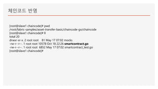 체인코드 반영
[root@slave1 chaincode]# pwd
/root/fabric-samples/asset-transfer-basic/chaincode-go/chaincode
[root@slave1 chaincode]# ll
total 20
drwxr-xr-x. 2 root root 81 May 17 07:02 mocks
-rw-r--r--. 1 root root 10578 Oct 18 22:26 smartcontract.go
-rw-r--r--. 1 root root 6852 May 17 07:02 smartcontract_test.go
[root@slave1 chaincode]#
 
