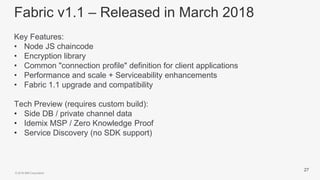 © 2018 IBM Corporation
Fabric v1.1 – Released in March 2018
Key Features:
• Node JS chaincode
• Encryption library
• Common "connection profile" definition for client applications
• Performance and scale + Serviceability enhancements
• Fabric 1.1 upgrade and compatibility
Tech Preview (requires custom build):
• Side DB / private channel data
• Idemix MSP / Zero Knowledge Proof
• Service Discovery (no SDK support)
27
 