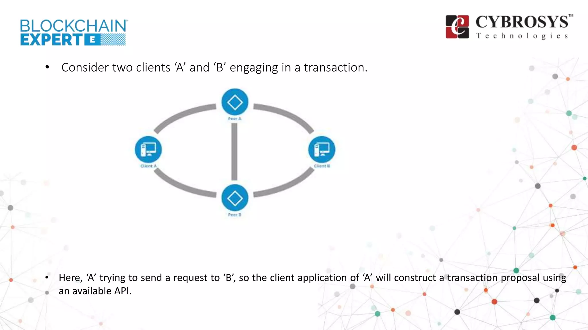 • Consider two clients ‘A’ and ‘B’ engaging in a transaction.
• Here, ‘A’ trying to send a request to ‘B’, so the client application of ‘A’ will construct a transaction proposal using
an available API.
 