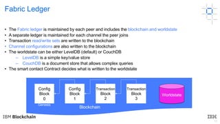 13
• The Fabric ledger is maintained by each peer and includes the blockchain and worldstate
• A separate ledger is maintained for each channel the peer joins
• Transaction read/write sets are written to the blockchain
• Channel configurations are also written to the blockchain
• The worldstate can be either LevelDB (default) or CouchDB
– LevelDB is a simple key/value store
– CouchDB is a document store that allows complex queries
• The smart contact Contract decides what is written to the worldstate
Config
Block
0
Config
Block
1
Transaction
Block
2
Transaction
Block
3
Genesis
Fabric Ledger
Worldstate
Blockchain
 