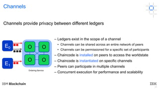 26
Channels
Channels provide privacy between different ledgers
– Ledgers exist in the scope of a channel
• Channels can be shared across an entire network of peers
• Channels can be permissioned for a specific set of participants
– Chaincode is installed on peers to access the worldstate
– Chaincode is instantiated on specific channels
– Peers can participate in multiple channels
– Concurrent execution for performance and scalability
E0
E1
Ordering-Service
O
O O
O
 