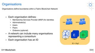 45
Organisations
– Each organisation defines:
• Membership Services Provider (MSP) for identities
• Administrator(s)
• Users
• Peers
• Orderers (optional)
– A network can include many organisations
representing a consortium
– Each organisation has an ID
ID = Org1
User
MSP Peer Orderer
Admin
E
E OO
Organisations define boundaries within a Fabric Blockchain Network
 
