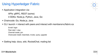 54
Using Hyperledger Fabric
§ Application integration via:
APIs: gRPC, REST (some)
4 SDKs: Node.js, Python, Java, Go
§ Chaincode: Go, Node.js, Java
§ CLI: launch + interact with peers and interact with membersrvc/fabric-ca
Enroll / login
Peer start + stop
Channel create, join
Chaincode install, instantiate, invoke, query, upgrade
§ Getting help: docs, wiki, RocketChat, mailing list
 