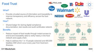 6
What?
• Provide a trusted source of information and traceability to
improve transparency and efficiency across the food
network.
How?
• Shared ledger for storing digital compliance
documentation, test results and audit certificates network.
Benefits
• Reduce impact of food recalls through instant access to
end-to-end traceability data to verify history in the food
network and supply chain.
• Help to address the 1 in 10 people sickened and 400,000
fatalities WW which occur every year from food-born
illnesses.
Food Trust
 