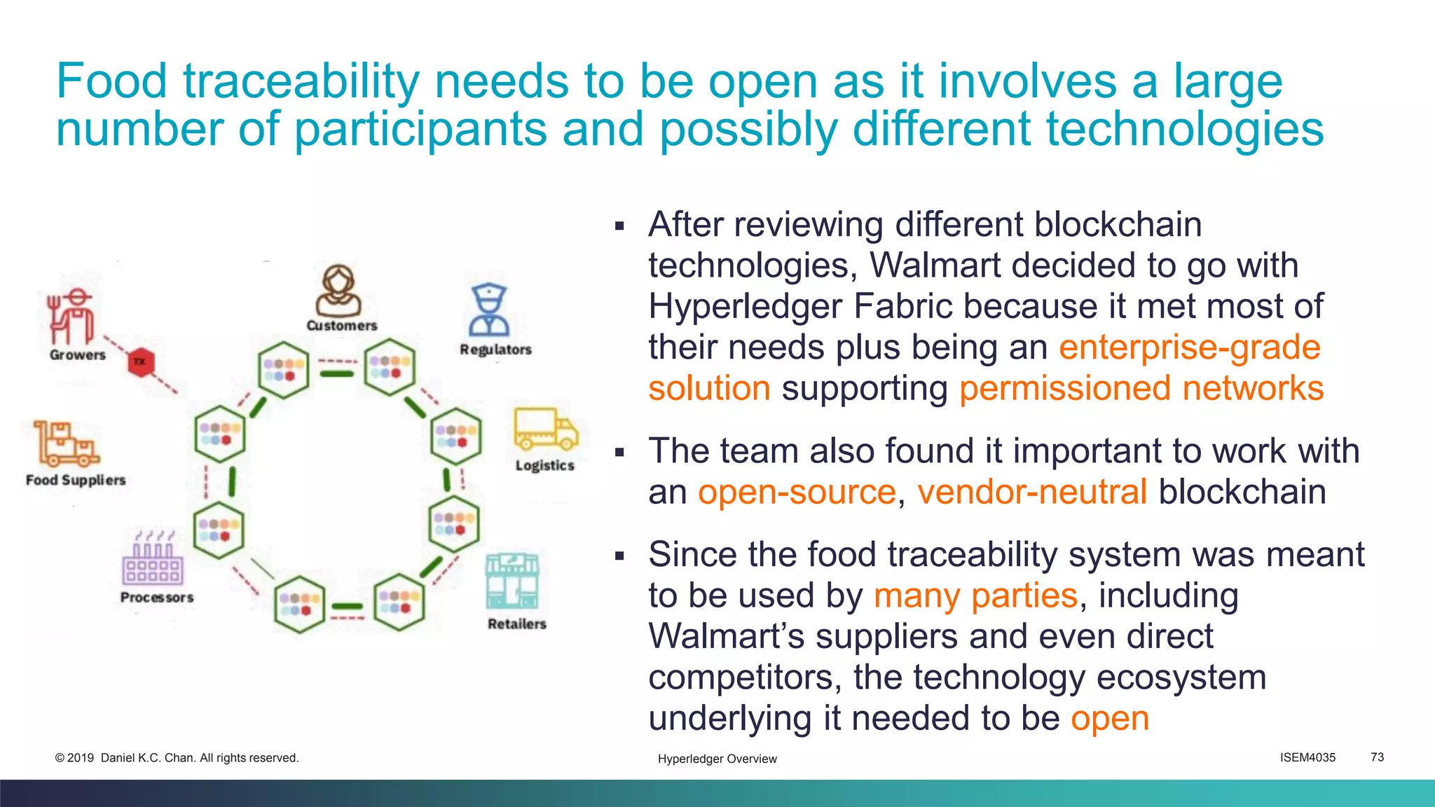 ISEM4035 73© 2019 Daniel K.C. Chan. All rights reserved.
▪ After reviewing different blockchain
technologies, Walmart decided to go with
Hyperledger Fabric because it met most of
their needs plus being an enterprise-grade
solution supporting permissioned networks
▪ The team also found it important to work with
an open-source, vendor-neutral blockchain
▪ Since the food traceability system was meant
to be used by many parties, including
Walmart’s suppliers and even direct
competitors, the technology ecosystem
underlying it needed to be open
Food traceability needs to be open as it involves a large
number of participants and possibly different technologies
Hyperledger Overview
 