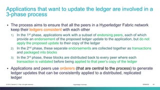 ISEM4035 48© 2019 Daniel K.C. Chan. All rights reserved.
▪ The process aims to ensure that all the peers in a Hyperledger Fabric network
keep their ledgers consistent with each other
1) In the 1st phase, applications work with a subset of endorsing peers, each of which
provide an endorsement of the proposed ledger update to the application, but do not
apply the proposed update to their copy of the ledger
2) In the 2nd phase, these separate endorsements are collected together as transactions
and packaged into blocks
3) In the 3rd phase, these blocks are distributed back to every peer where each
transaction is validated before being applied to that peer’s copy of the ledger
▪ Applications and peers use orderers (that are central to the process) to generate
ledger updates that can be consistently applied to a distributed, replicated
ledger
Applications that want to update the ledger are involved in a
3-phase process
Hyperledger Overview
 
