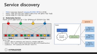 Service discovery
21
• POD는 Kubernetes Master의 Scheduler에 의해서 배치되고 관리됨
• POD는 고정된 접속 정보 없이 언제든지 클러스터내 서버 들에서 이동 가능함
• POD에 요청을 하기 위한 메커니즘이 필요
Node
Pod 1
labels: app=MyApp
port: 9376
Pod 2
labels: app=MyApp
port: 9376
Pod 3
labels: app=MyApp
port: 9376
kube-proxy
Client
ServiceIP
(iptables)
apiserver
Node 1 Node 2 Node 3
S1 S2 S3 S4
Service Type
• ClusterIP : 클러스터 내부에서만 사용 가능한 주소 (외부에서 호출 불가)
• NodePort: 서비스 생성시 만들어진 포트로 접속가능 (클러스터의 NodeIP:NortPort)
• LoadBalancer : 외부 loadbalancer에 의해 접속 가능한 주소
 Kubernetes Service
POD의 논리적 집합과 접속 할 수 있는 정책(Policy)이 정의되어 있는 객체
 