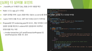 [심화] 더 살펴볼 포인트
! ./testAPIs.sh 의 REST CALL 호출 순서와 내용을 확인
! Node 소스는 app.js가 시작점
! 사용자 등록을 위해 /users 호출시에는 fabric ca server를 통해 신규 사용자 등록을 하고 토큰을 부여함
! /users 이외의 호출 주소는 JWT 토큰 유효성 검사가 이루어짐
! Proposal을 먼저 endorsing peer에 보내고, 해당 피어에서 사전
검증한 결과를 확인하고 orderer에게 검증결과와 트랜잭션
반영요청을 하는 부분
—> invoke-tansaction.js의 sendTransactionProposal 및
sendTransaction 호출 코드 참조 
 