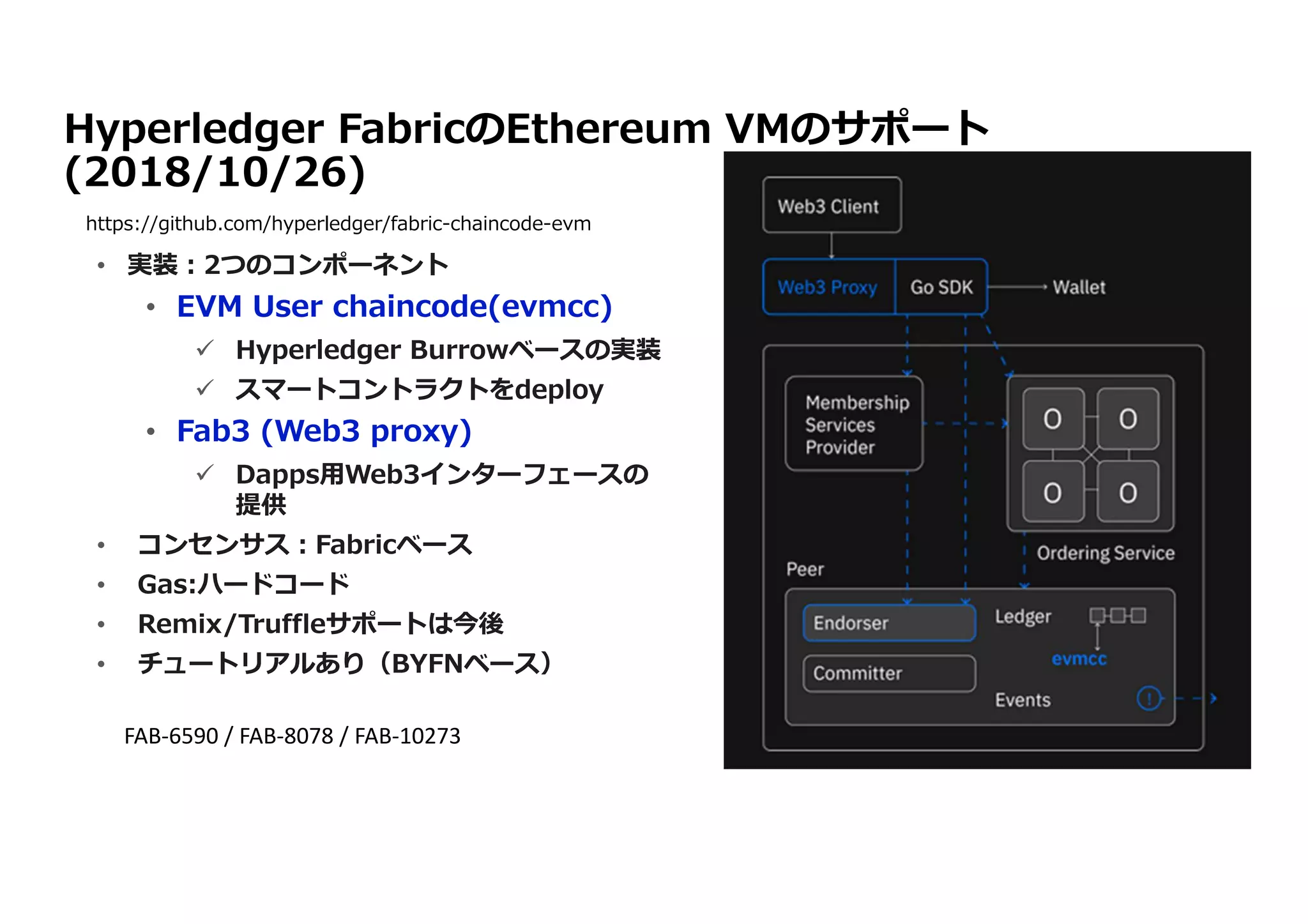 20
Hyperledger FabricのEthereum VMのサポート
(2018/10/26)
IBM Blockchain / © 2018 IBM Corporation
https://github.com/hyperledger/fabric-chaincode-evm
• 実装︓2つのコンポーネント
• EVM User chaincode(evmcc)
 Hyperledger Burrowベースの実装
 スマートコントラクトをdeploy
• Fab3 (Web3 proxy)
 Dapps用Web3インターフェースの
提供
• コンセンサス︓Fabricベース
• Gas:ハードコード
• Remix/Truffleサポートは今後
• チュートリアルあり（BYFNベース）
FAB-6590 / FAB-8078 / FAB-10273
 